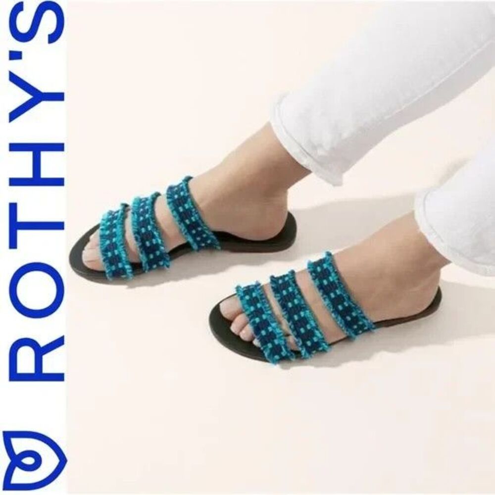 NEW! Rothy's Triple Band Teal Fringe Sandals Size 10.5